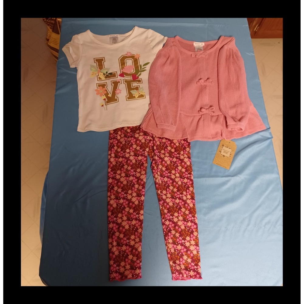 NWT Forever Me 3pc Girls XS (4/5) Pink Floral LOVE Legging, Top & Sweater Set